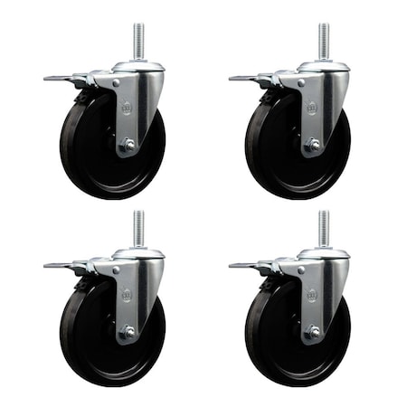 Service Caster 5 Inch Phenolic Swivel 34 Inch Threaded Stem Caster Set with Total Lock Brake SCC-TSTTL20S514-PHR-34212-4